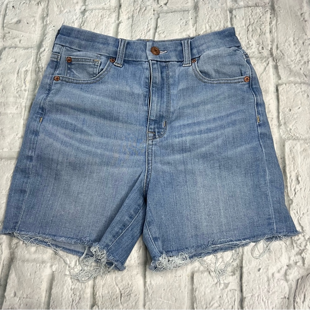 American Eagle Curvy Super Hi Rise Shortie Midi Jean Short Raw Hem